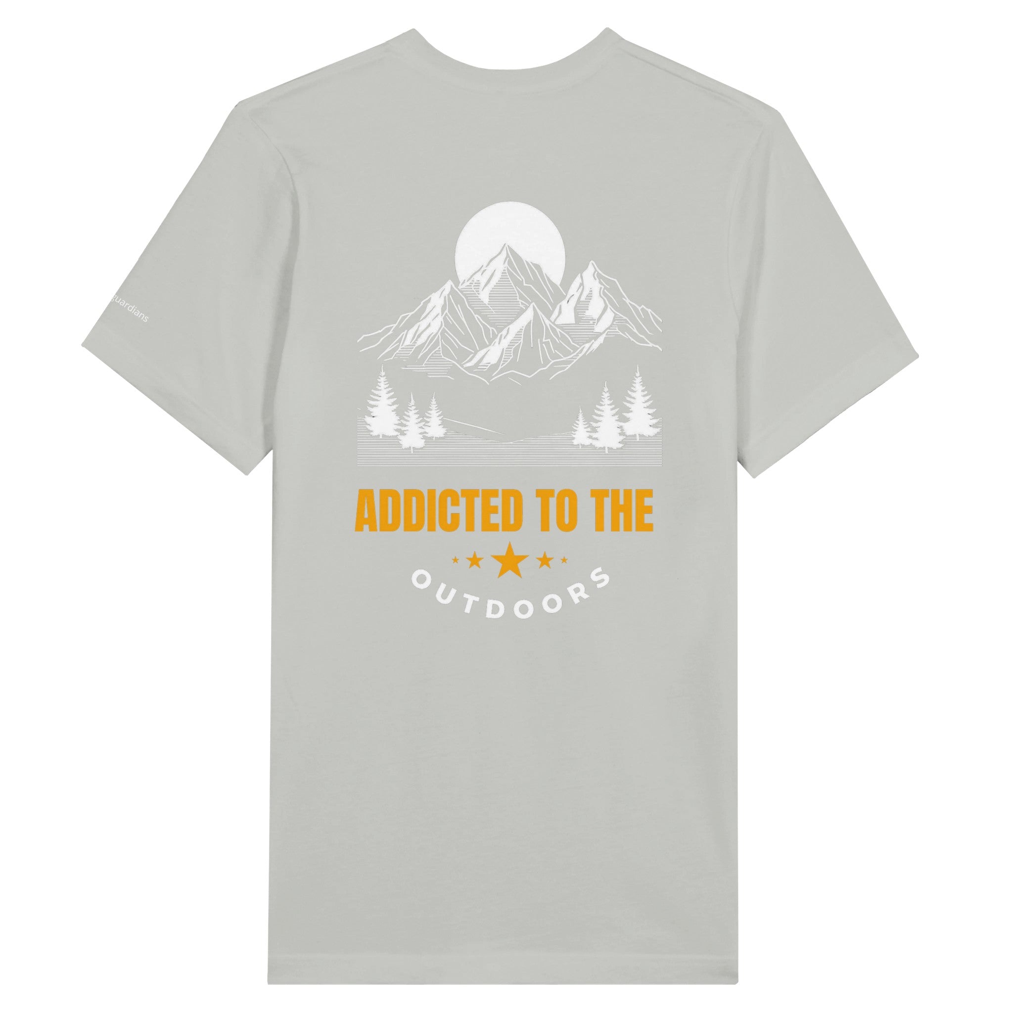 Addicted to the Outdoors Silver T-Shirt Men's cotton* adventure apparel. White background.
