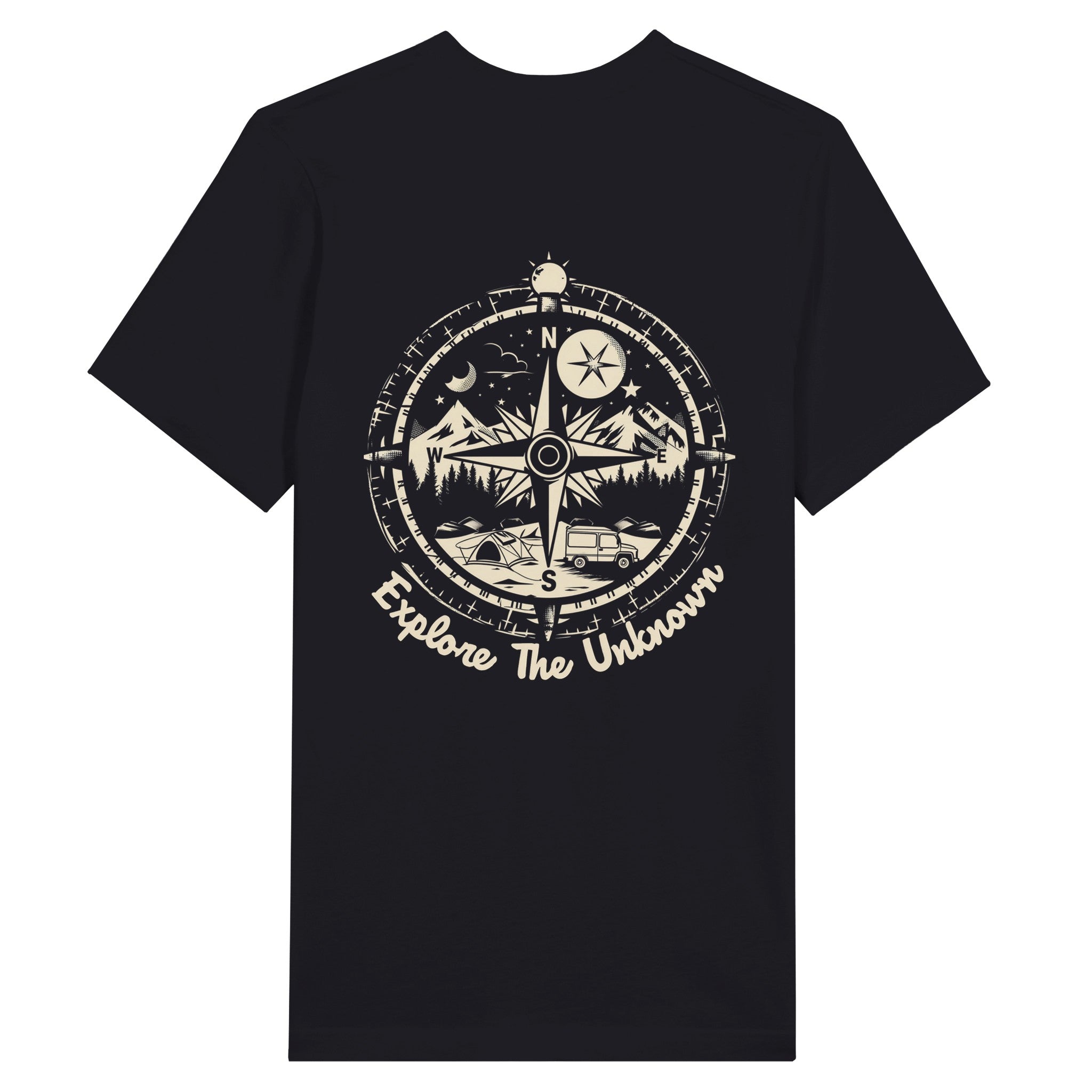 Explore The Uknown Camper Compass Vintage Black shirt against a white background, standard mockup.