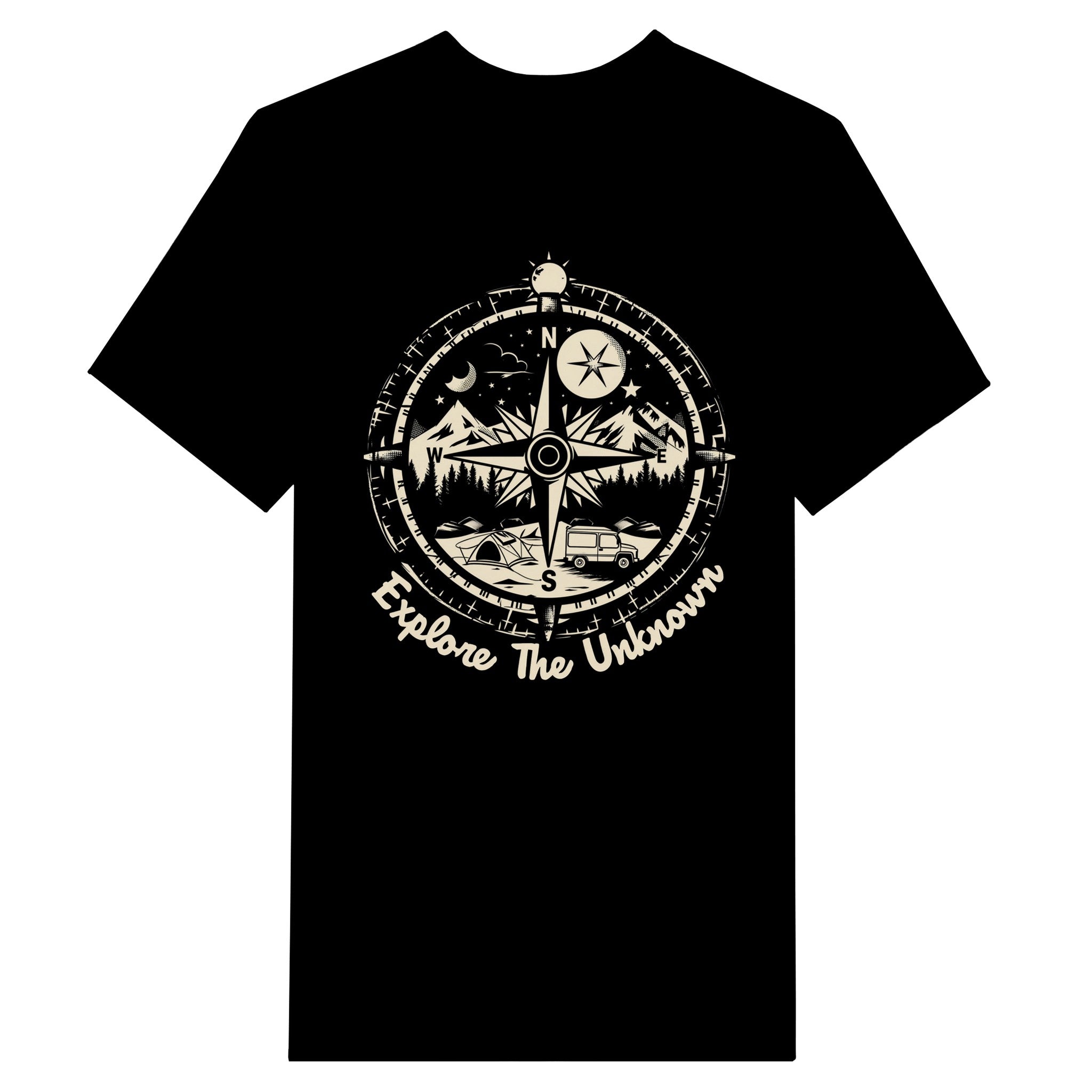 Explore The Uknown Camper Compass Black shirt against a white background, standard mockup.