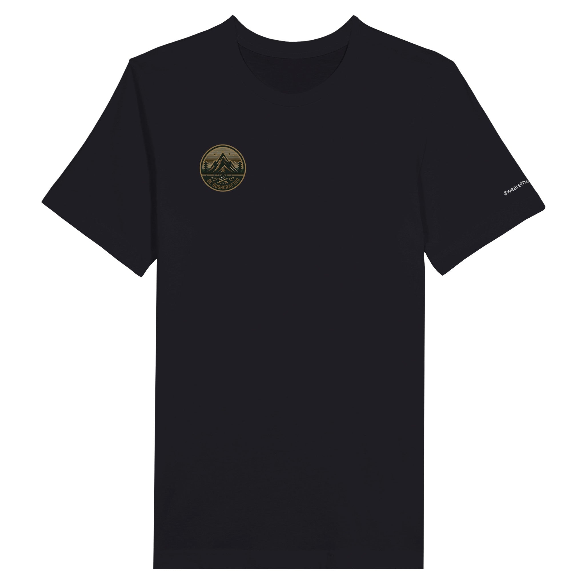 Front shirt mock view, Be Bushcrafted branded logo top right of shirt. Cotton* T-Shirt Outdoor Apparel.