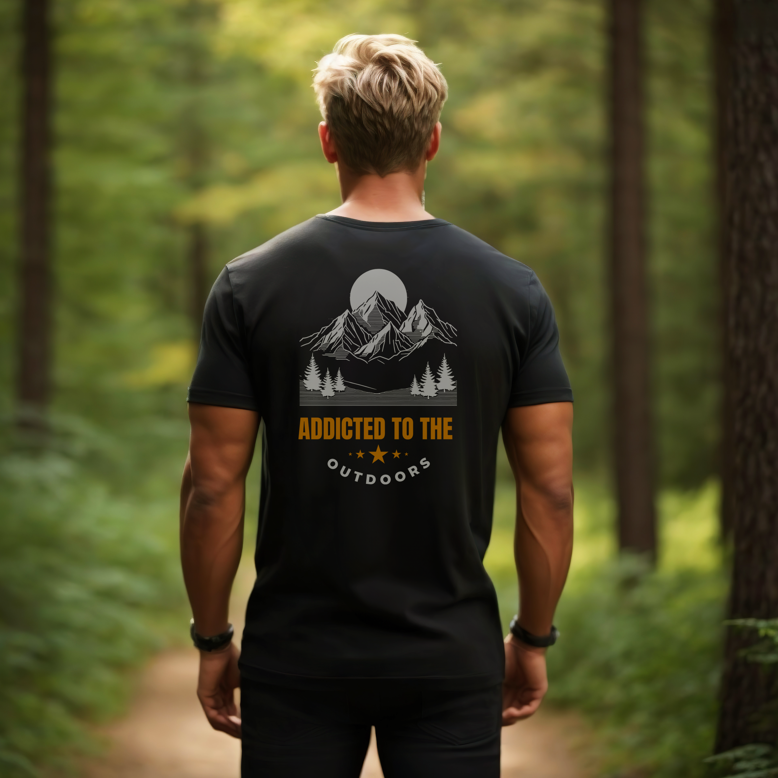 Addicted To The Outdoors mens black cotton* t-shirt. Rear view lifestyle shot in low light forest.