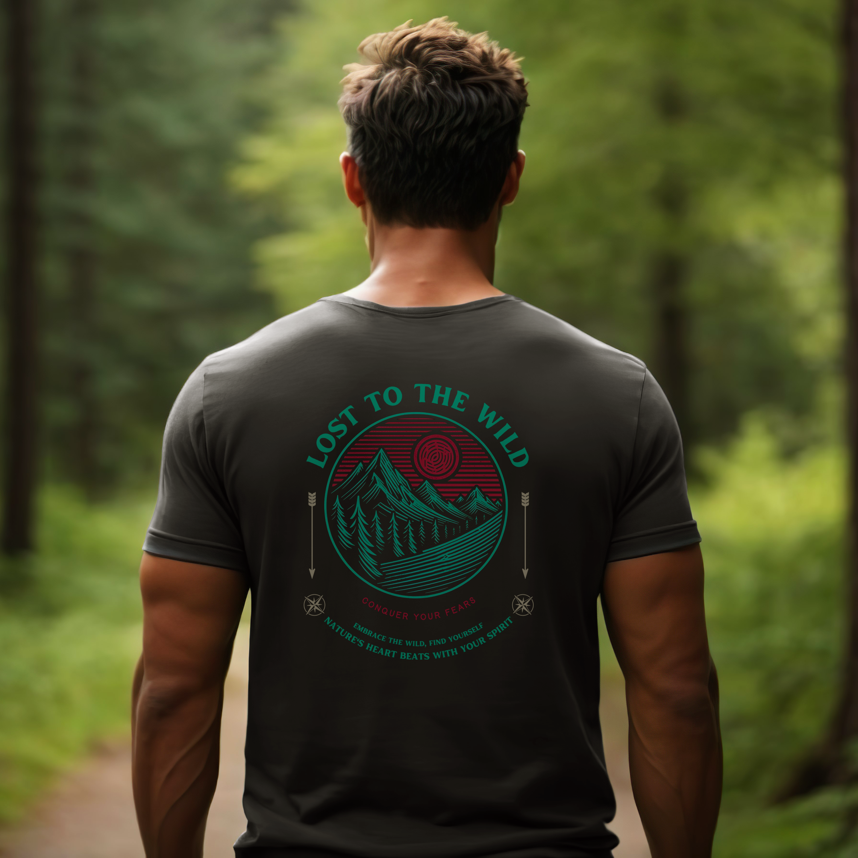 Lost To The Wild Conquer Your Fears Dark Grey Lifestyle Image in low light forest.