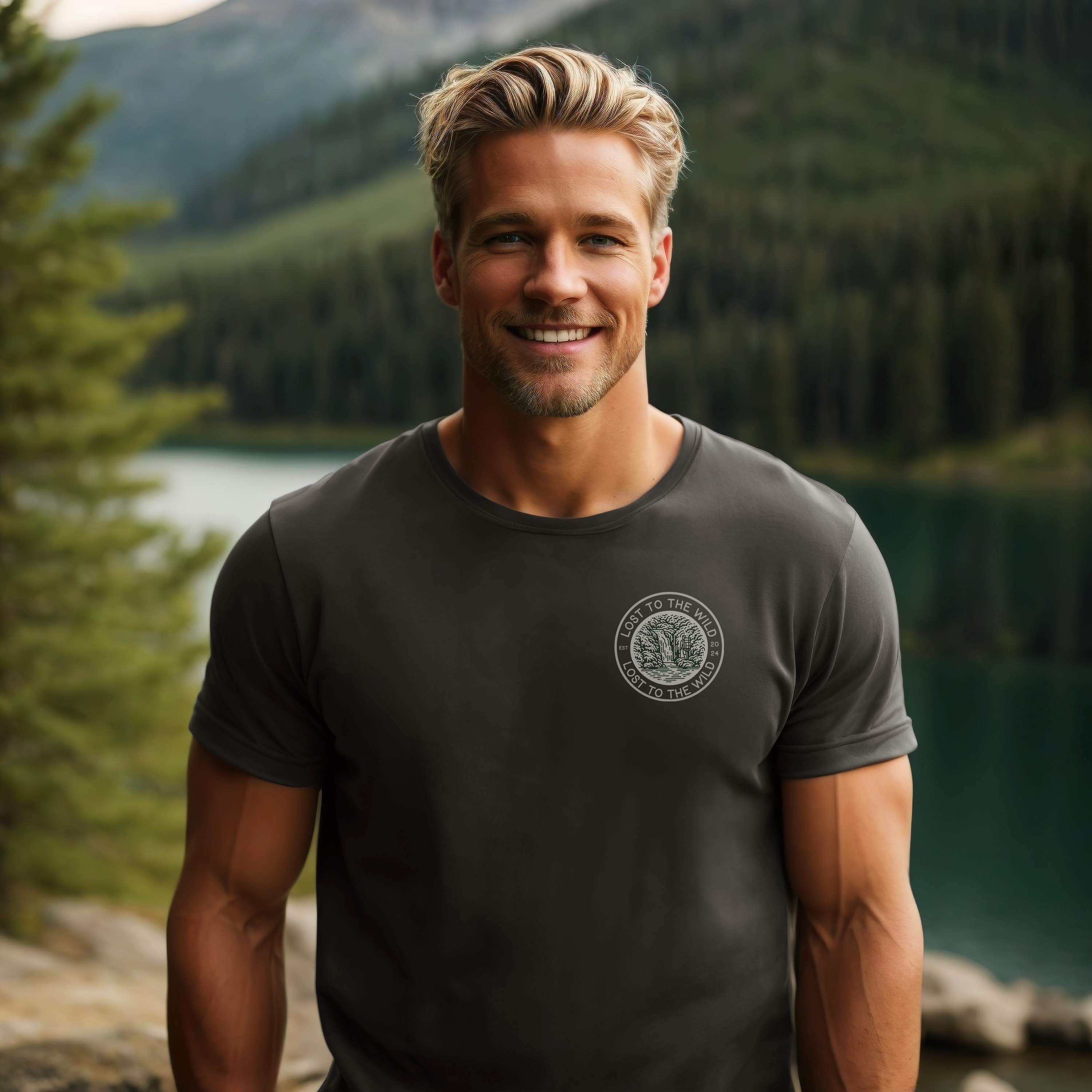 Lost To The Wild Men's cotton* Outdoors T-Shirt. Lake View foretst valley hiking adventure image. Front view.