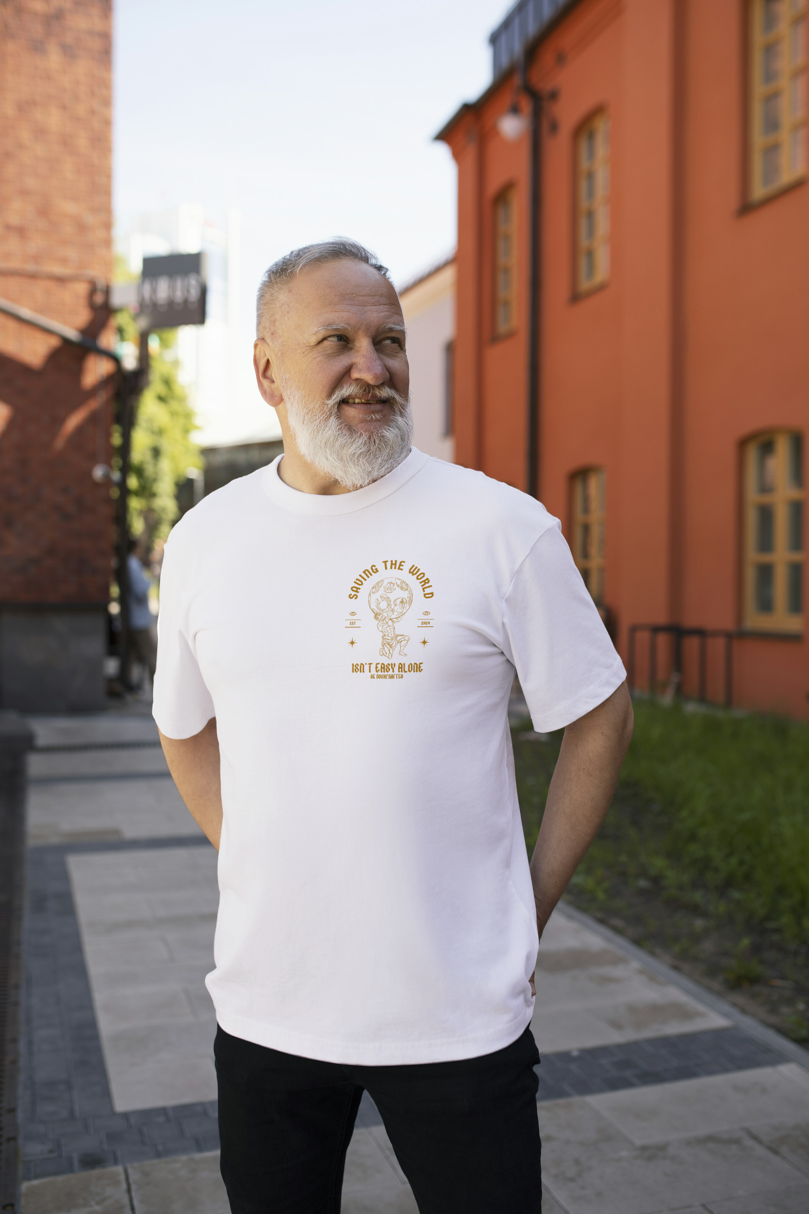 Saving The World Alone Isn't Easy Men's 100% Cotton T-Shirt by Be Bushcrafted Eco-Friendly Front View