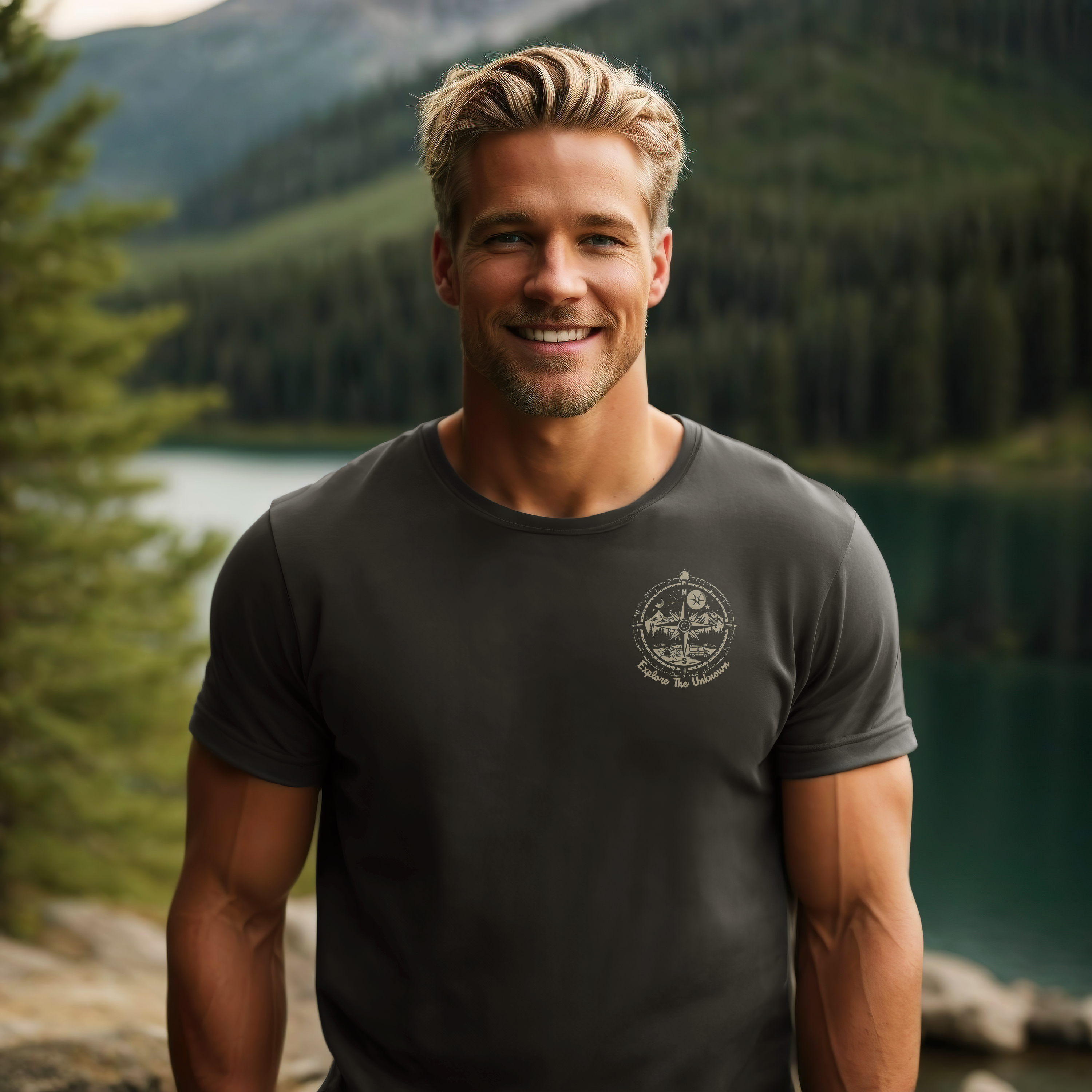 Explore The Uknown Camper Compass Men's cotton* T-Shirt. Front view in front of a lake in a forest valley. Adventure, hiking and wild camping. Lifestyle mock.