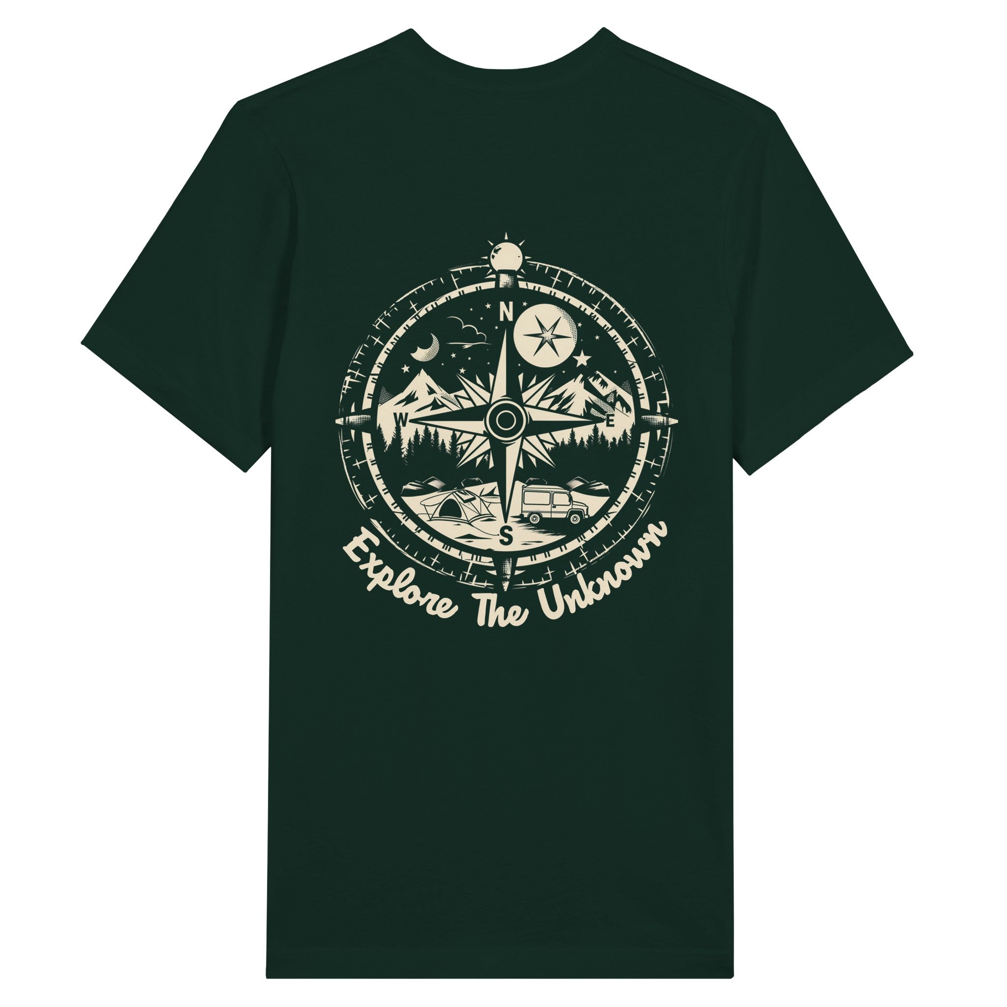 Explore The Uknown Camper Compass Forest Green shirt against a white background, standard mockup.