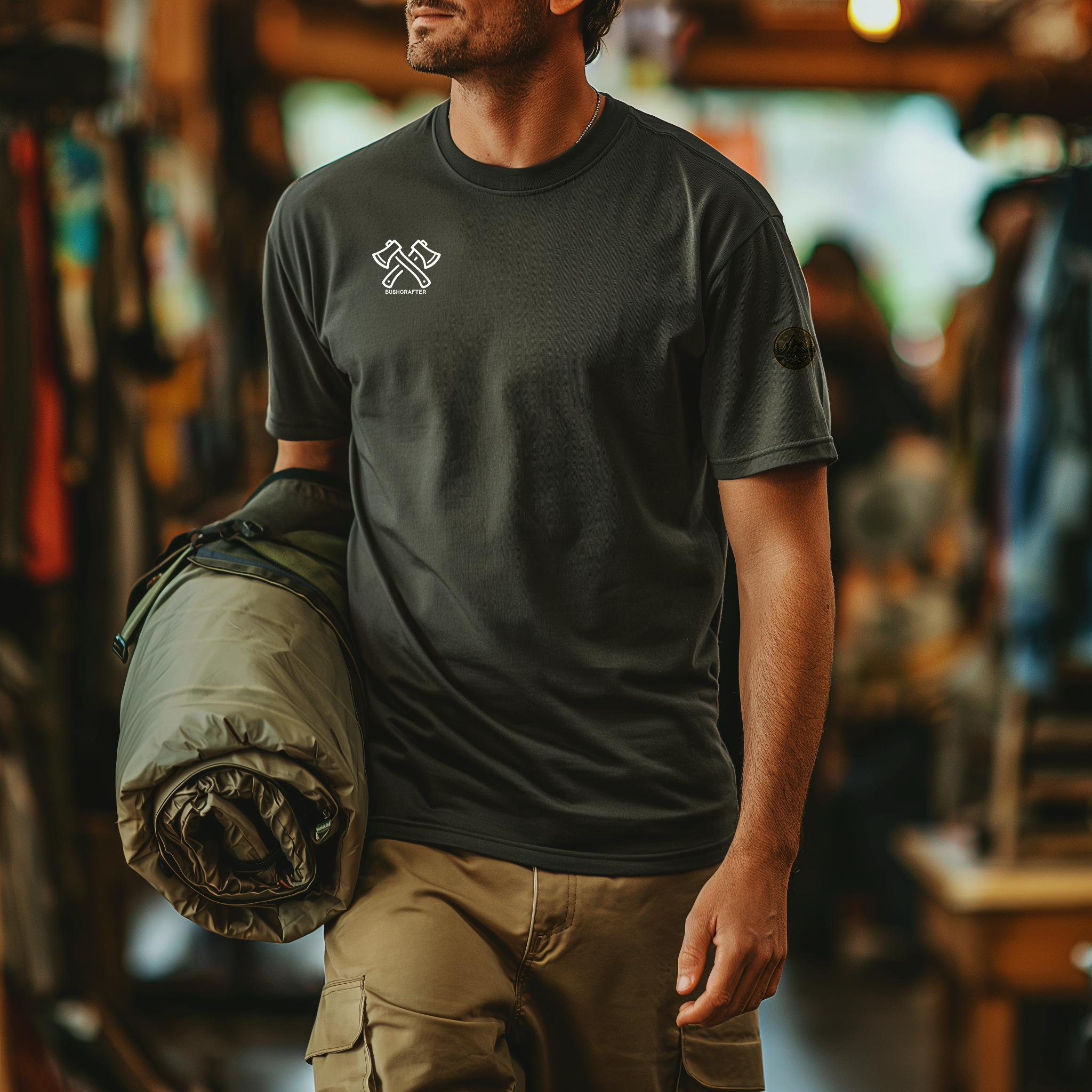 Lost To The Wild - Bushcrafter Men's 100% Cotton Tee in Dark Gray seen in a Fishing Store