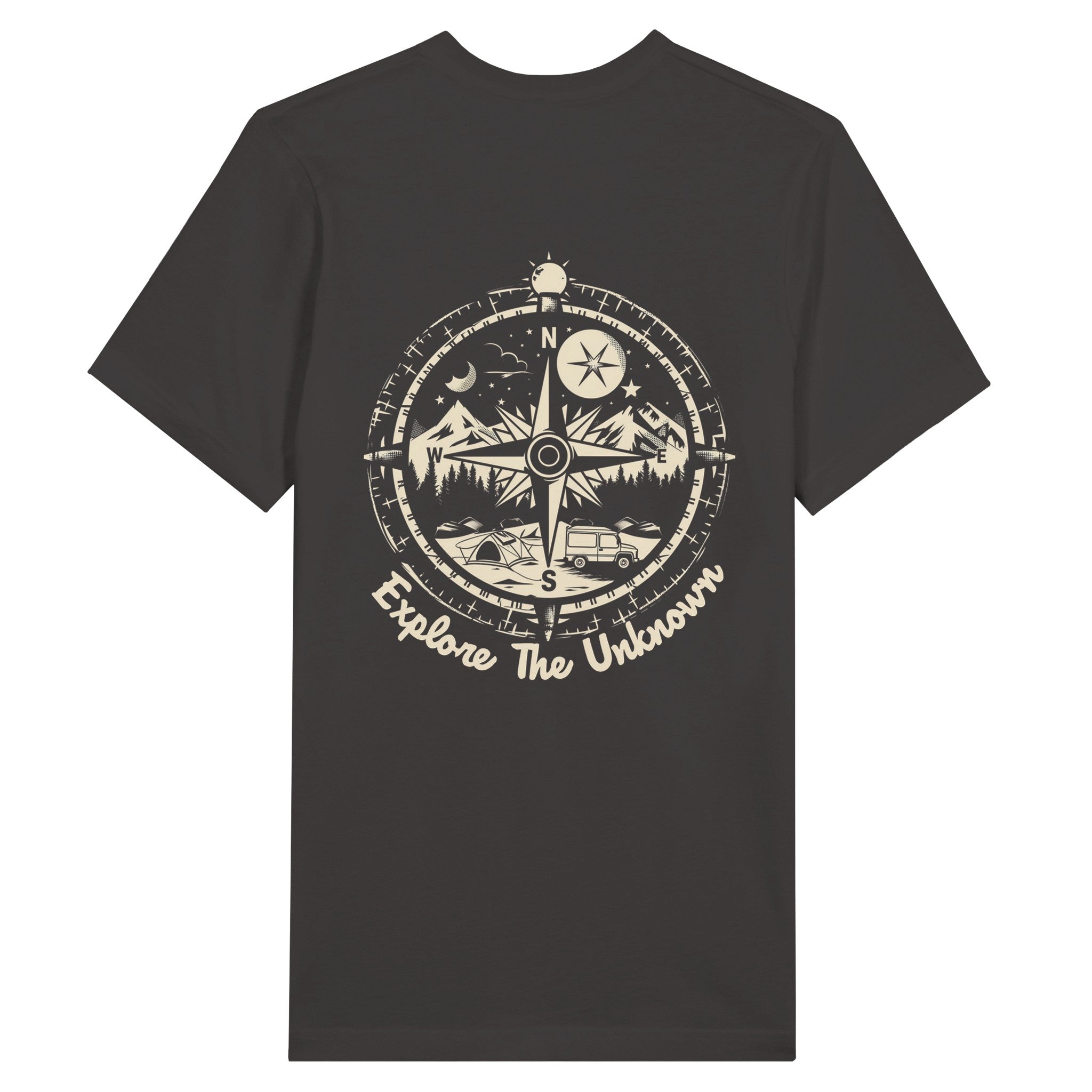 Explore The Uknown Camper Compass Dark Grey shirt against a white background, standard mockup.