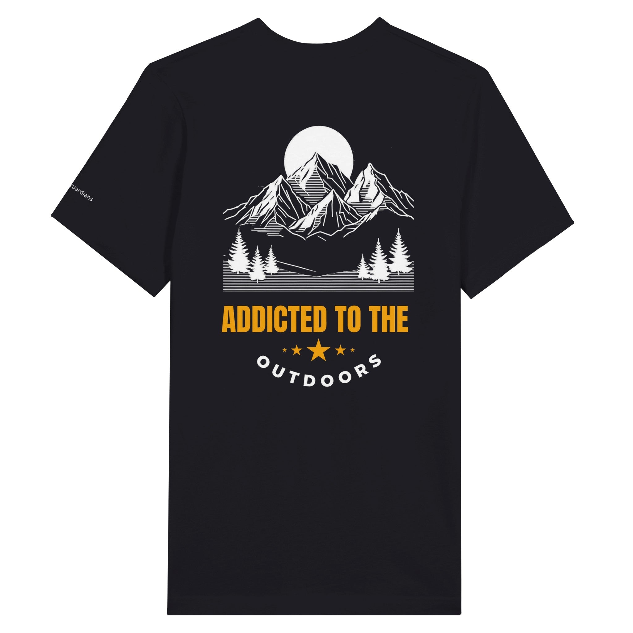 Addicted to the Outdoors Black T-Shirt Men's cotton* adventure apparel. White background.