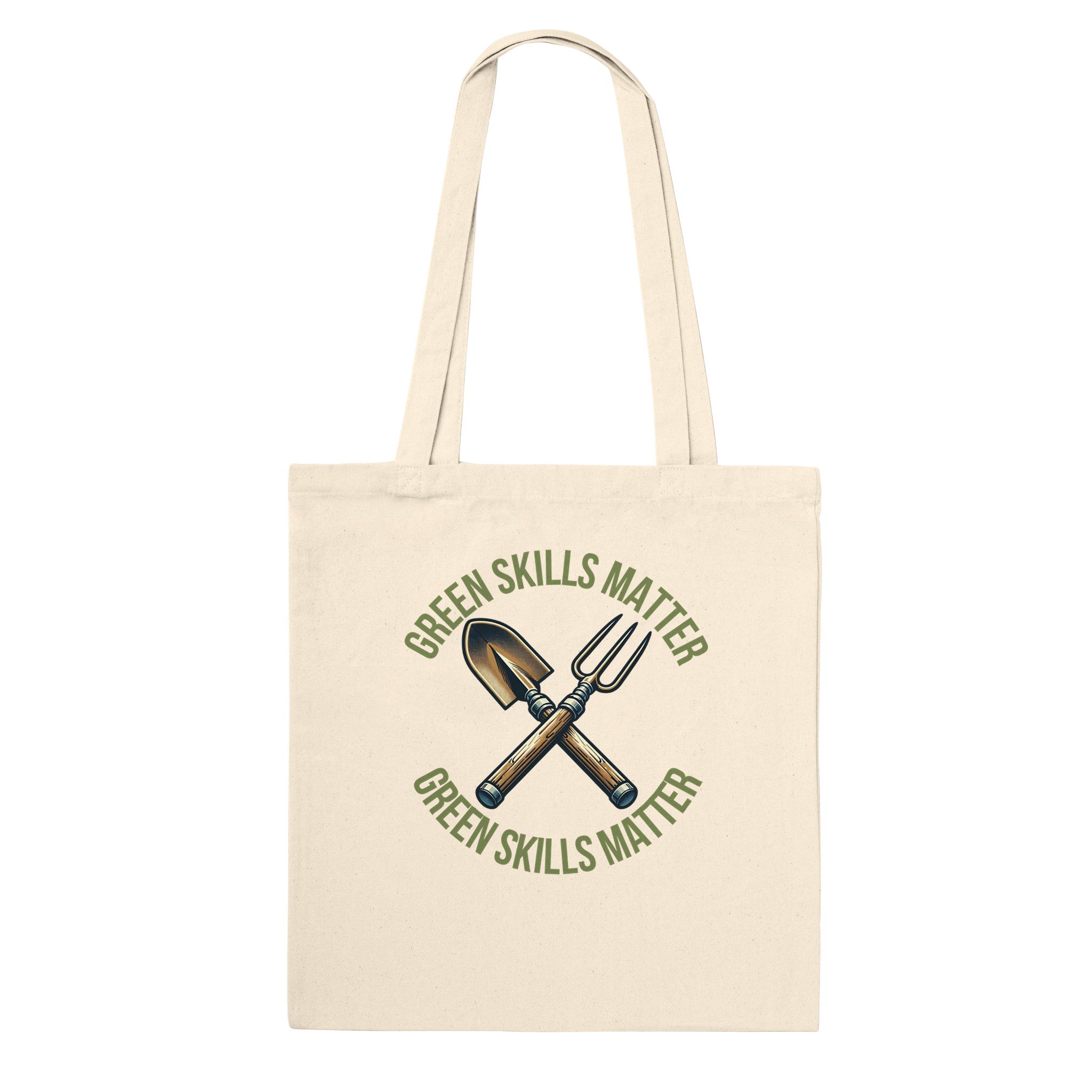 White background mockup for an oversized, 100% organic cotton Green Skills Matter tote bag front facing image.