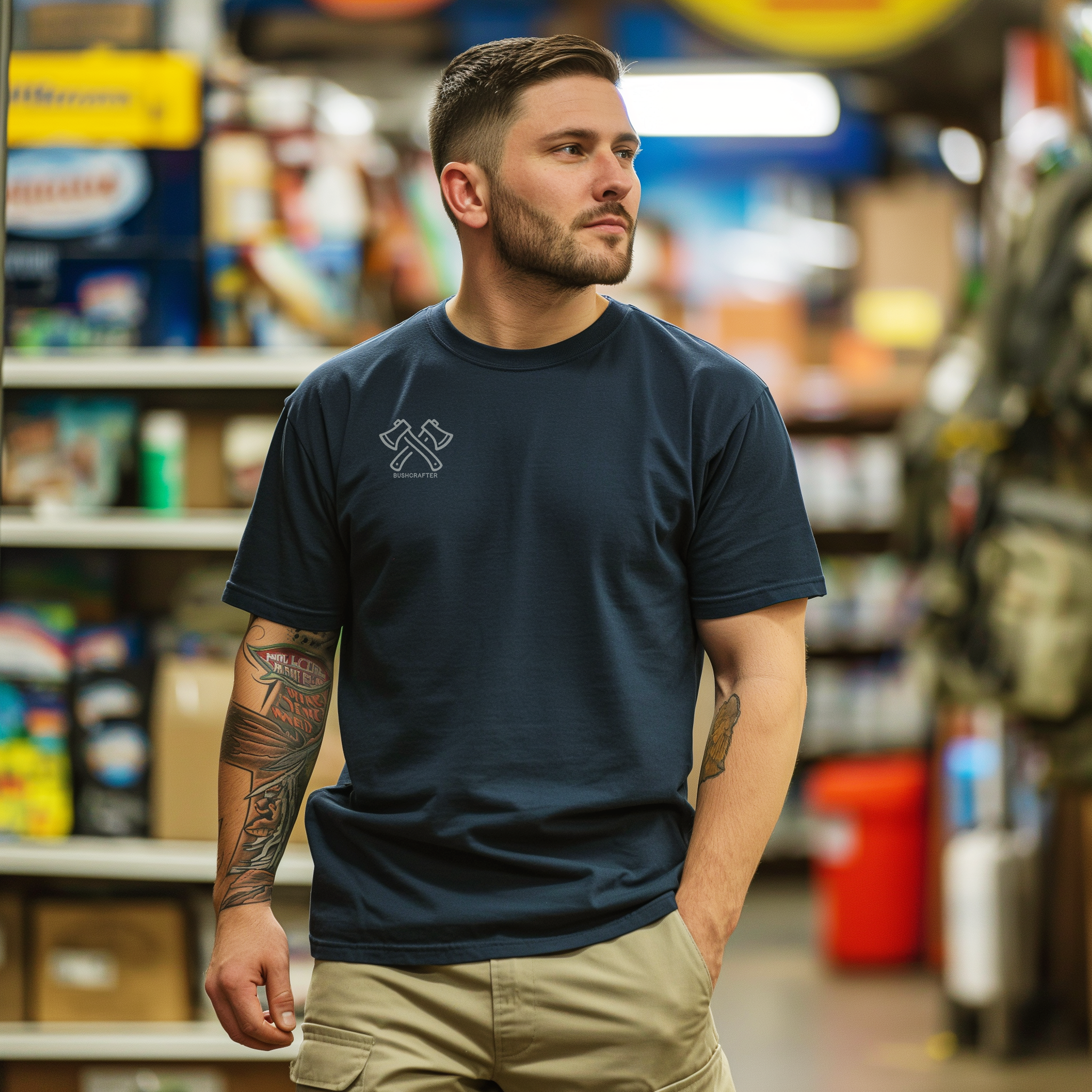 Lost To The Wild - Bushcrafter Men's 100% Cotton Tee in Navy seen in a Fishing Store