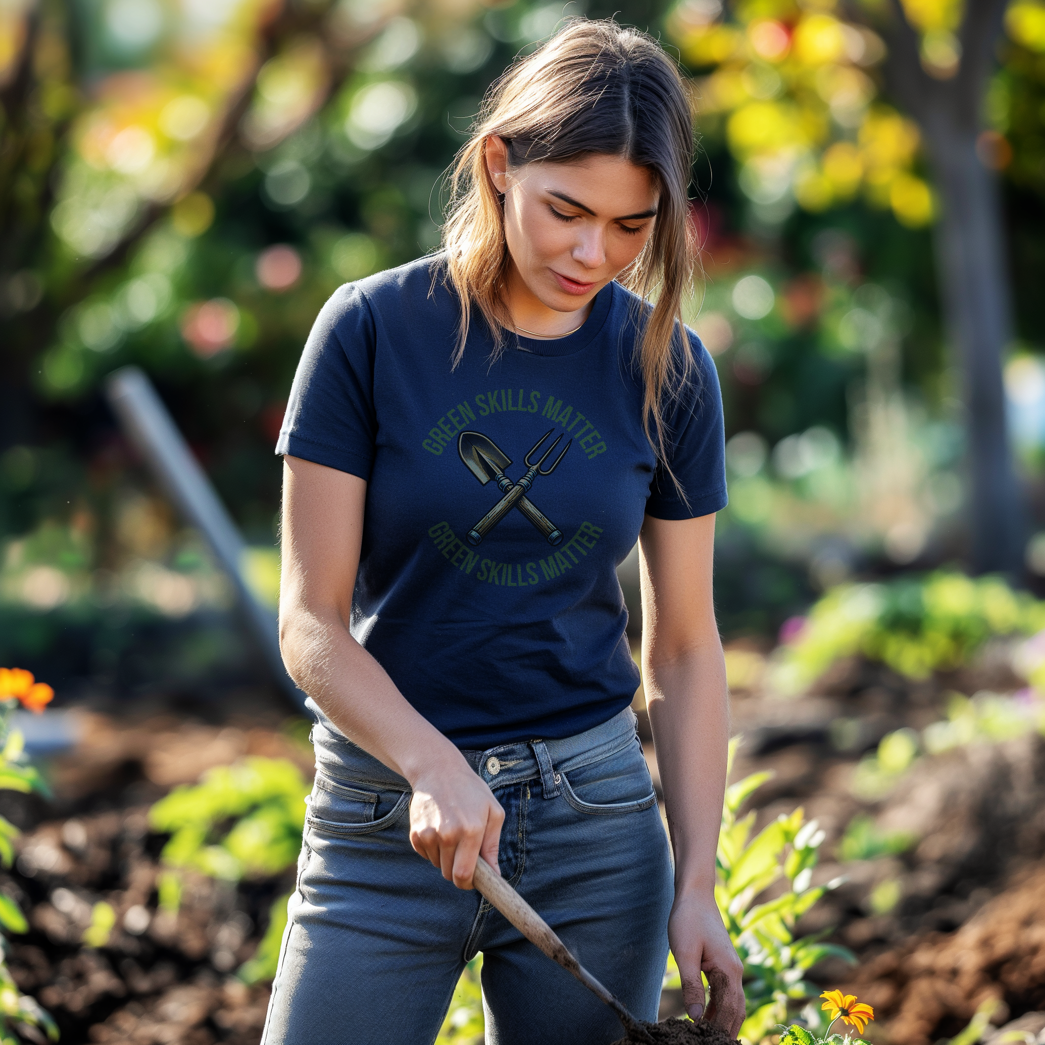 Woman gardening in Green Skills Matter tee by Be Bushcrafted